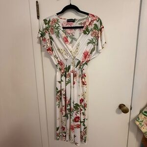 Elegant Floral Midi Dress in White and Pink